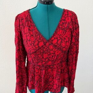Knox Rose Red Floral V-Neck Peplum Blouse